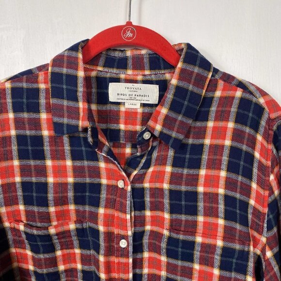 Birds of Paradis Beth Safari Shirt Plaid Button Down Red Navy Cotton– Size L NWT - Picture 5 of 12